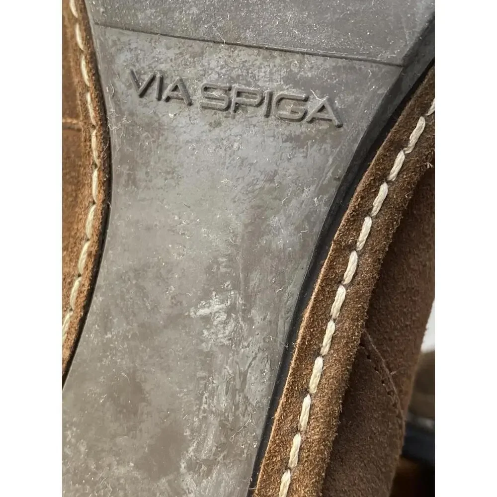 Via Spiga Russo Mid Calf Suede Slouch Leather Boots Block Heel 6.5 Brown Pull On
